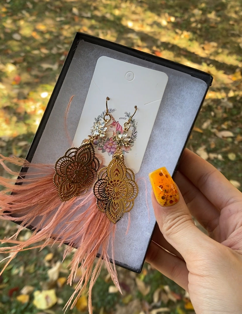 Pink and Gold Feather Earings