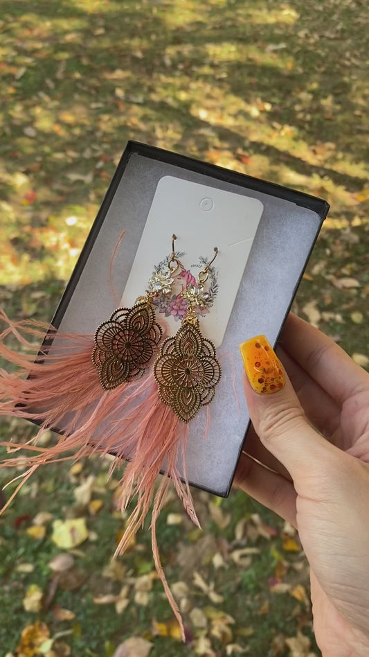 Pink and Gold Feather Earings